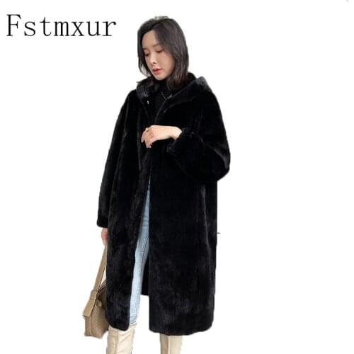 Fstmxur 2021 New Copenhagen Imports Velvt Mink Fur Coat Womens Full Sleeve Pure Color With Fur Hood Warm Long Mink Fur Coats