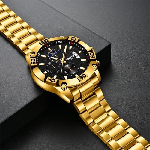 NIBOSI 2021 New Watches for Men Top Brand Luxury Gold Stainless Steel Sport Quartz Mens Watch Waterproof Chronograph Relogio