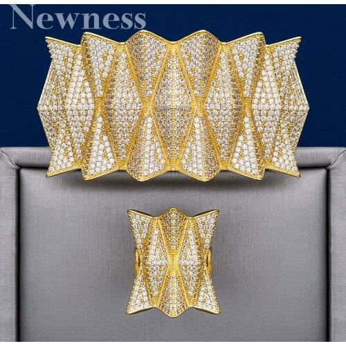 Newness Luxury Hedgehog Three Tones Big Size Cuff Bracelet Bangle Finger Rings Jewelry Set Full Cubic Zircon Copper High Quality