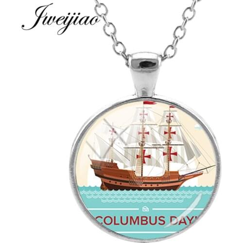 JWEIJIAO Columbus Day Necklace Pendant Round Glass Cabochon Time Gems Charms For Woman Men Souvenir Gift CO02
