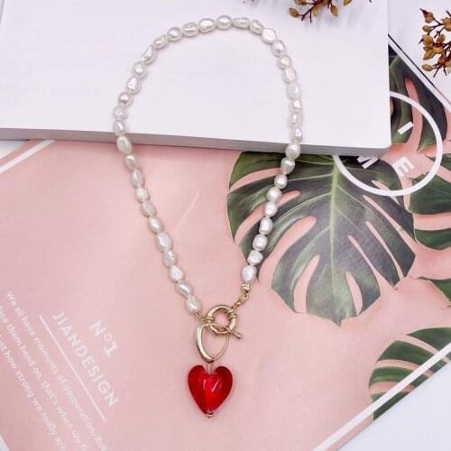 Origin Summer French Baroque Irregular Natural Pearl Necklaces for Women Blue Color Heart Linked Chain Pendant Necklace Jewelry