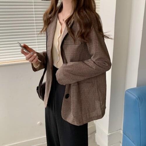 Autumn New Loose Korean Plaid Suit Coat Womens Long Sleeve Pockets Fashion Jacket Trendy Vintage Button Office Ladies Coats