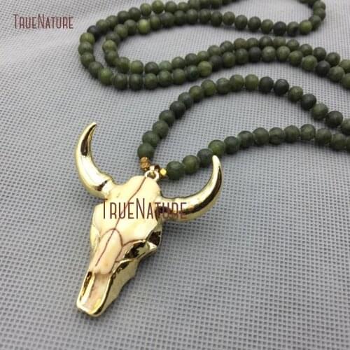 Gold Electroplated Ox Head Animal Pendant Necklace Resin Buffalo Australian Jades Beads Long Necklace In 32 Inch NM4300