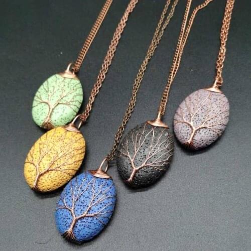 Tree of Life Pattern Colorful Oval Lava Stone Essential Oil Diffuser Necklace Aromatherapy Retro Stone Necklace Jewelry