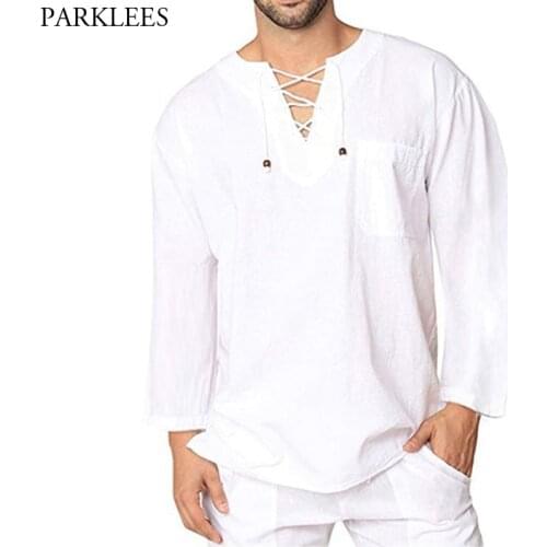 White Cotton Linen Shirt Men 2020 Brand New Long Sleeve Casual Lace Up Shirts Mens Lightweight Breathable Top Blouse Chemise 3XL