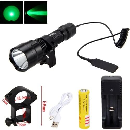 VASTFIRE 5000LM XM-L Q5 LED Tactical Gun Light Green Hunting Flashlight+Rail Rifle Scope Mount+Pressure Switch+18650+USB Charger