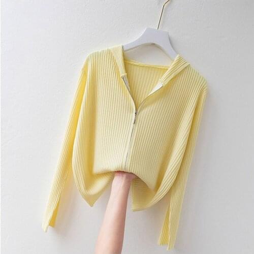Knitted ice silk cardigan women thin coat hooded zipper sunscreen coat female kint long sleeve cotton coats P3 503