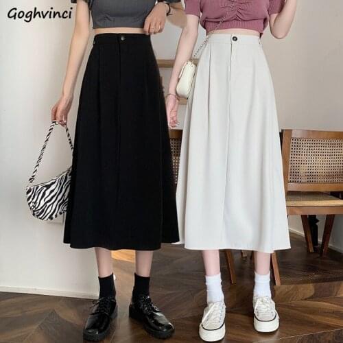 Skirts Women Summer Mid-calf Pleated Solid Leisure Elegant Elastic Office Lady Korean Style Vintage High Waist Slim Comfortable