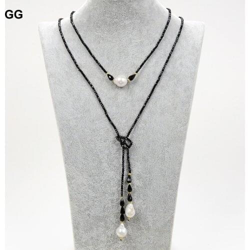 GuaiGuai Jewelry 51" Natural Faceted Black Spinel Tourmaline Gems Stone White Keshi Pearl Long Necklace