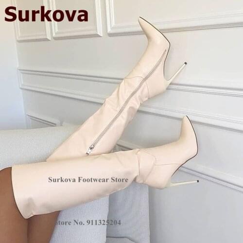 Surkova Milk White Matte Leather Tall Boots Women Thin High Heel Zipped Knee Boots Vogue Black Footwear Size46 Dropship