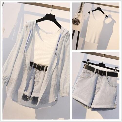 Summer 2021 Fashion Set Loose Long Sleeve Sun Protection Plaid Shirts Tops + High Waist Denim Shorts Suits Women Outfits Y803