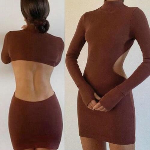 NEW 2021 Spring Fall Women Sexy Dress Brown Solid Color Long Sleeve Turtleneck Open Back Backless Dress Rib Knit Bodycon Dress