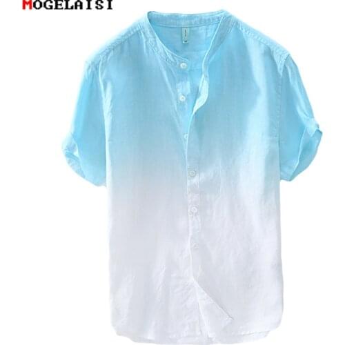 2019 summer Fashion Gradient shirt men short sleeve linen cotton breathable fashion comfortable shirt tops Asian size M-3XL 739