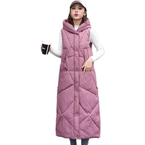 2021 New Womens Autumn Winter Korean Loose Warm Thick Cotton Padded Vests Female Hooded Sleeveless Outwear Long Waistcoat