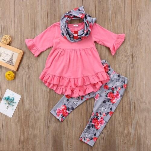 Floral Kids Baby Girls Outfit Clothes Long Sleeve T-shirt Tops Dress+Pants Leggings Tousers+Bib 3Pcs Autumn Clothing Set 1-7T