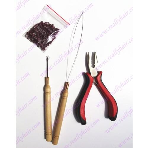 Free shipping 100pcs silicone link rings+1pcs three hole plier+1 pcs hook & 1 pcs wire hook for feather hair extension tool kits