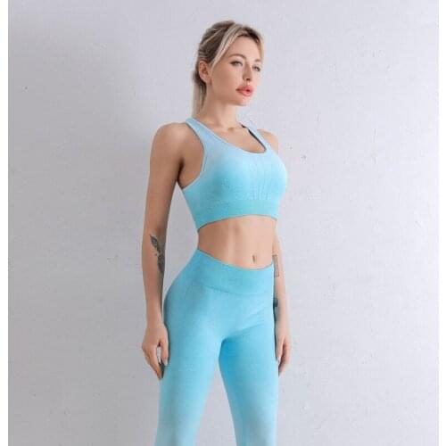 Ombre Seamless Yoga Set Women Running Gym Clothing Fitness Sportswear High Waist Athletic Leggings Sports Workout Bra Suits
