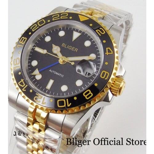 BLIGER GMT Automatic Men Wristwatch Sapphire Glass MINGZHU 3804 Movement Jubilee Bracelet Gold Coated Bezel