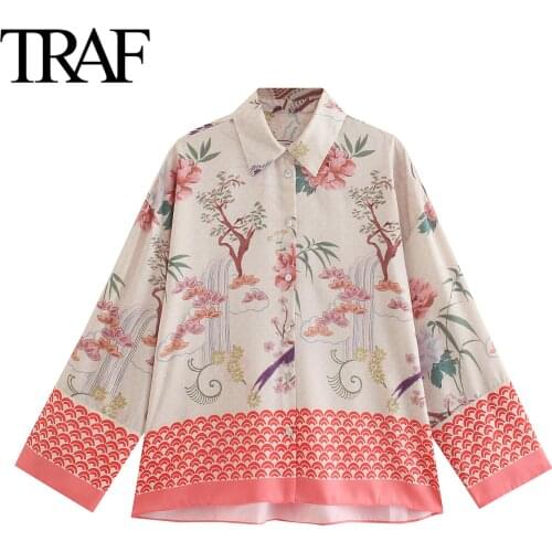 Traf Za Women Fashion Long Sleeve Blouse Female Printed Satin Shirt French Vintage Lapel Loose Button Up Ladies Tops Mujer