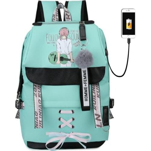 Large School Bags Teenage Girls USB Women Travel bag Student Bookbags kids Bagpack Green Printing Big Capacity College bookbag