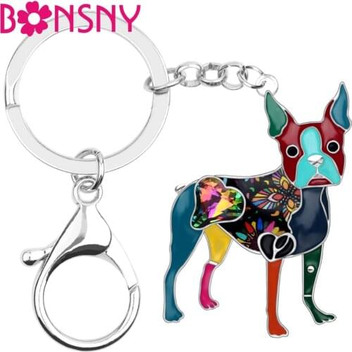 Bonsny Enamel Alloy Rhinestone Boston Terrier Dog Key Chains Keychains Pendant Animal Pets Jewelry For Women Girl Bag Charms New