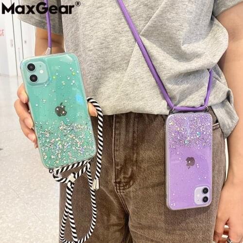 Bling Glitter Sequin Case For iPhone 11 Pro Max XS X R XR 8 7 6S Plus SE 2020 Soft Clear Cover+Nack Strap Crossbody Lanyard Rope