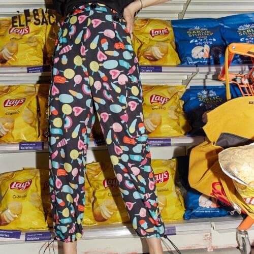 ELFSACK Graphic Print High Waist Casual Women Satin Trousers,2021 Summer ELF Stylish Korean Ladies Basic Daily Bottom