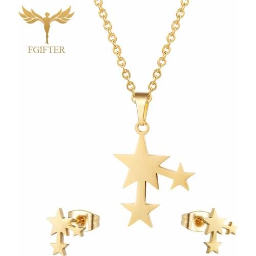 FGifter Golden Stainless Steel Jewelry Set Three Star Earrings Stud Necklace Womens Casual Jewelry Earring Necklace