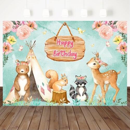 Woodland Happy Birthday Backdrop Animal Fox Tent Baby Shower Photography Background Dessert Table Decorations Banner Backdrops