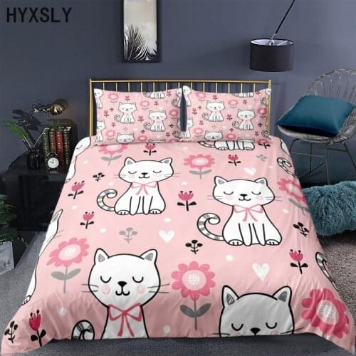 Cat Cartoon Bedding Set Cute Pets Luxury Animal Bedroom Duvet Cover Set Comforter Cover Pillowcase 2/3pcs Kids Girl Bedclothes