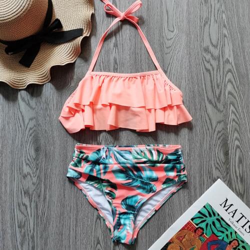 Ruffle Girl Swimsuit Kids Tropical Leaf Girl Bikini Set 5-12 Years Two Piece Childrens Swimwear Halter Top Girls Bathing Suit