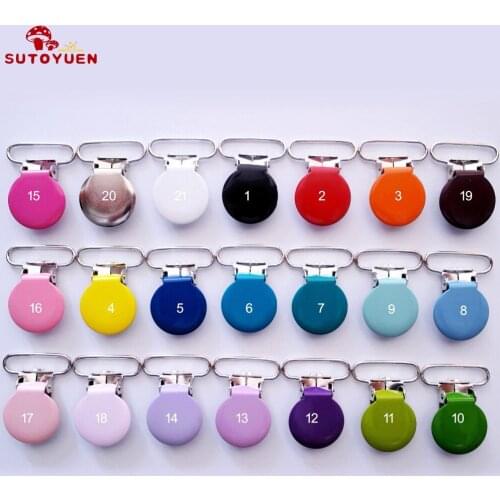 Free Shipping Mixed 21 Colors Round Shape Metal Suspender Clips , Metal pacifier clips for 25mm webbing with Plastic tooth clip