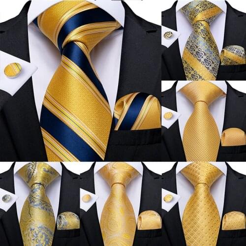Fashion Men Tie Luxury Yellow Blue Striped Paisley Plaid Silk Wedding Tie For Men DiBanGu Designer Hanky Cufflinks Gift Tie Set
