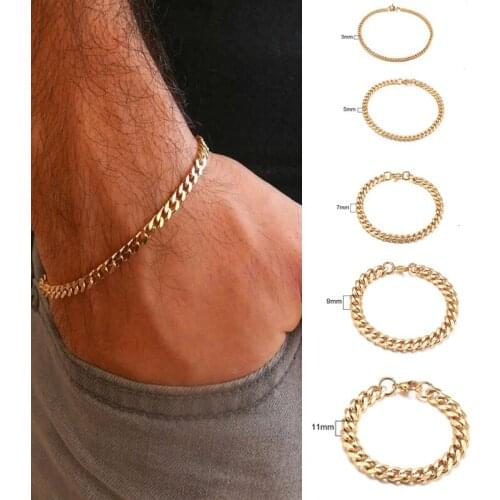 Mens Bracelet Curb Cuban Link Chain Stainless Steel Mens Womens Bracelets Bangle Gold Tone No Fade 3mm to 11mm