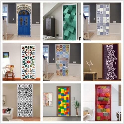 Arabic Tile Door Sticker 3D PVC Waterproof Home Decor Mural Self-adhesive Wallpaper For Doors DIY Renovation Vinyl Bedroom Decal