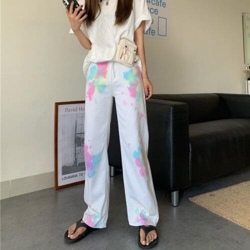 Personality printed straight pants womens new relaxed casual pants versatile slim increase size wide leg pants