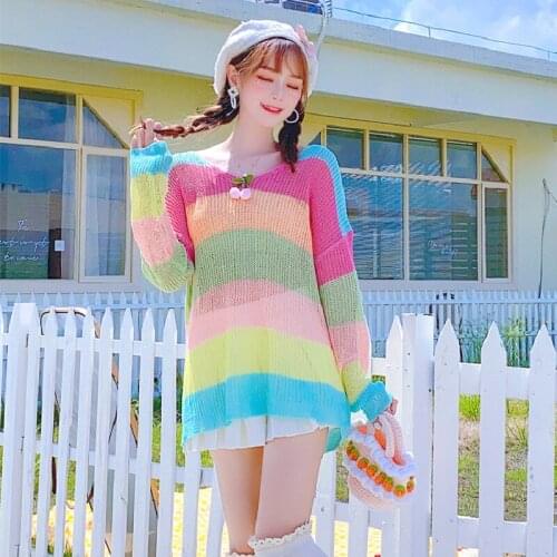 Candy Color Rainbow Stripes Mid-Length Pullover Sweater Woman 2021 New Spring Autumn Korean Fashion Loose Casual knitting Female
