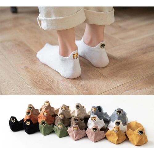 Spring Summer Women Fashion Cotton Short Heel Boat Socks Personalized Shallow Mouth Kawaii High Quality Cat Embroidery Female