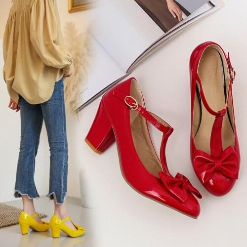 Spring Autumn Women Casual Pu Leather Pumps Round Toe Thick Sole Ankle Strap Lolita Shoes Solid Sweet Bow Female Single Shoe