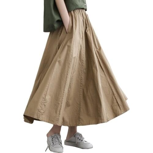 Skirts Women Simple Solid Leisure Loose Large Size Mid-Calf Long Skirt Vintage Style Elastic-Waist A-line Streetwear