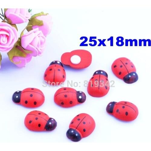 Free Shipping 50pcs/lot 25x18mm Red Painted Ladybug stickers Wood Cabochon Beads Craft Ornament Scrapbooking