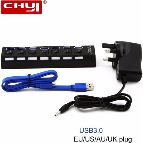 CHYI USB 3.0 Hub With EU/AU/US/UK External Power Adapter 5Gbps 7 Port USB Hub 3.0 Splitter With ON/OFF Switch For PC Accessories