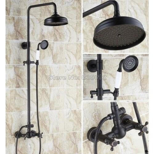 Black Brass Wall Mounted Bathroom Rain Shower Dual Handles Faucet Set with Ceramic Hand Spray + 8 inch Shower Heads Wrs048