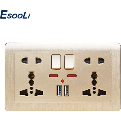 Esooli Gold Wall Power Socket Double Universal 5 Hole Switched Outlet 2.1A Dual USB Charger Port LED indicator 146mm*86m