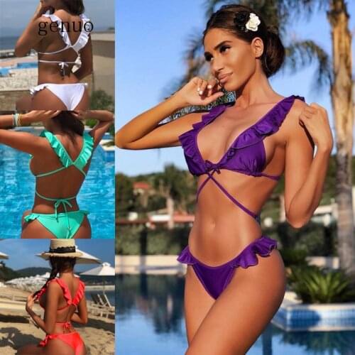 Purple Swimsuit Falbala Bikini Sexy Maillot Sexy Swimming Suit For Women White Tiny Padded Thong Bikini Beach Wear Tankini Suit