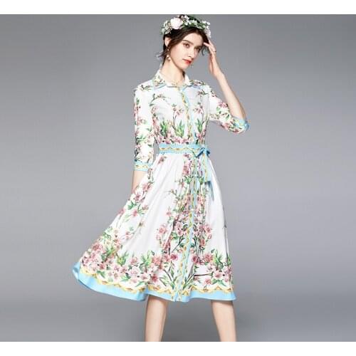 JSXDHK New Arrival Summer 3/4 Sleeve Dress Vintage Runway Women Turn Down Collar Flower Print Lace Up Belt Midi Dress Vestidos