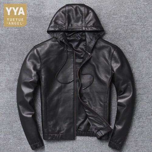 Men Sheepskin Genuine Leather Jacket Casual Hoody Coat Spring Autumn Slim Fit Streetwear Fashion Leather Motorcycle Biker Jacket