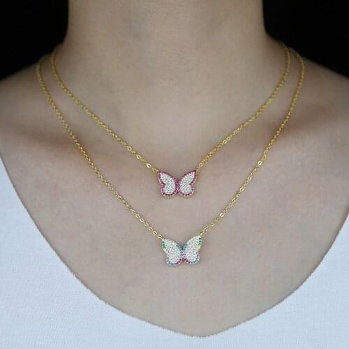 Gold color red rainbow white cubic zirconia cz fashion lovely sweet butterfly pendant necklace for girl