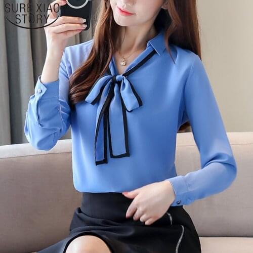 New Fashion Korean Bow Chiffon Shirt Women Autumn Blusas Mujer De Moda 2019 Solid Women Blouses Women Tops Office Lady 5944 50