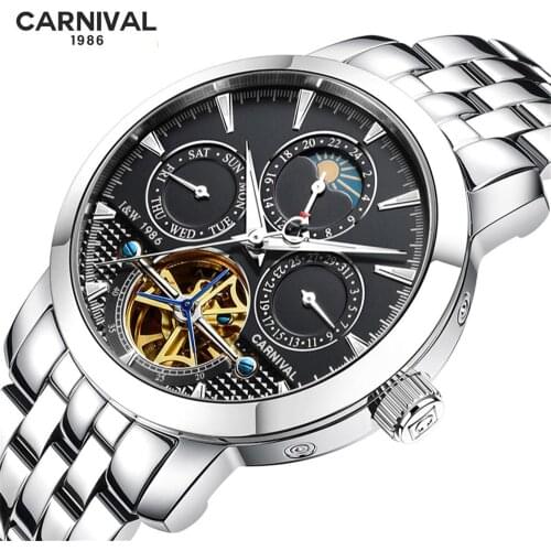 Luxury Luminous Tourbillon Mechanical Watch Men CARNIVAL Automatic Watch Sapphire Glass Waterproof 316 Steel Band Reloj hombre